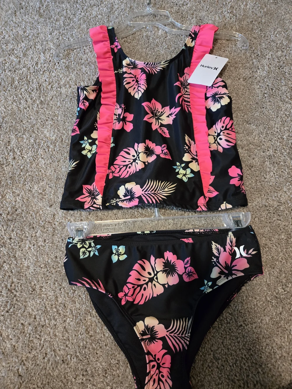 Hurley Black Floral Tankini with Neon Pink Ruffle